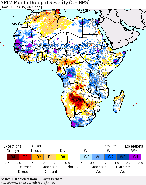 Africa SPI 2-Month Drought Severity (CHIRPS) Thematic Map For 11/16/2022 - 1/15/2023