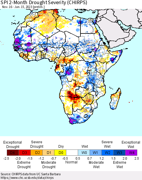 Africa SPI 2-Month Drought Severity (CHIRPS) Thematic Map For 11/16/2022 - 1/15/2023