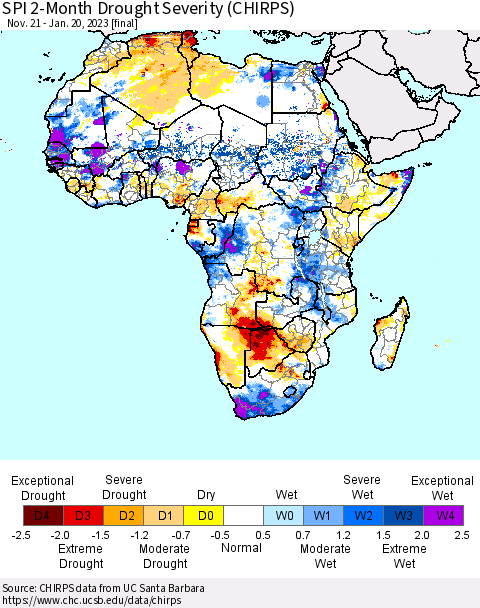Africa SPI 2-Month Drought Severity (CHIRPS) Thematic Map For 11/21/2022 - 1/20/2023