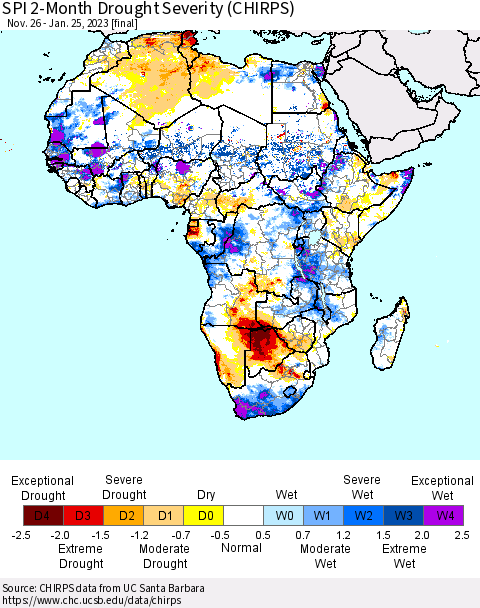 Africa SPI 2-Month Drought Severity (CHIRPS) Thematic Map For 11/26/2022 - 1/25/2023