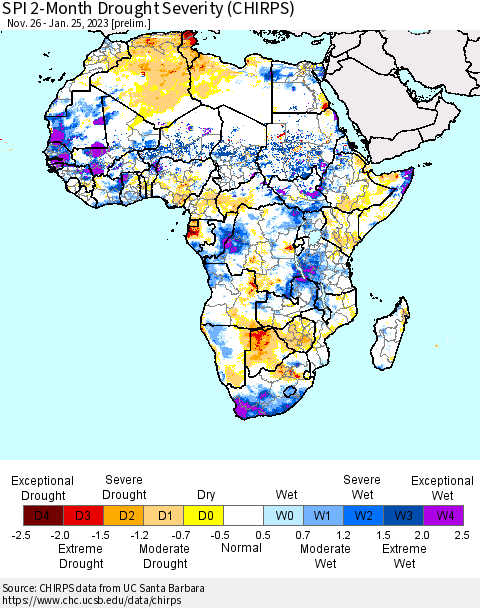 Africa SPI 2-Month Drought Severity (CHIRPS) Thematic Map For 11/26/2022 - 1/25/2023