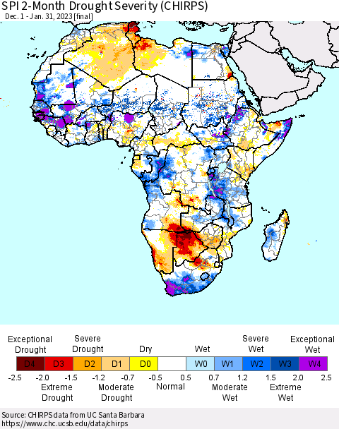Africa SPI 2-Month Drought Severity (CHIRPS) Thematic Map For 12/1/2022 - 1/31/2023