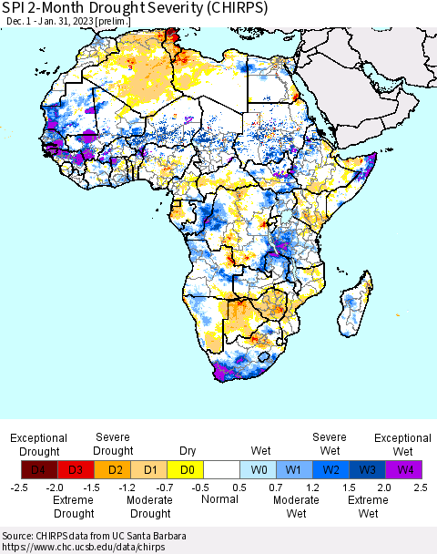 Africa SPI 2-Month Drought Severity (CHIRPS) Thematic Map For 12/1/2022 - 1/31/2023