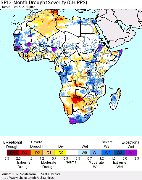 Africa SPI 2-Month Drought Severity (CHIRPS) Thematic Map For 12/6/2022 - 2/5/2023