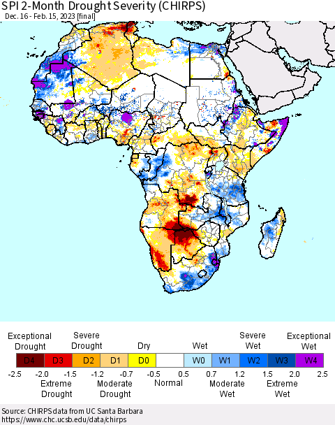 Africa SPI 2-Month Drought Severity (CHIRPS) Thematic Map For 12/16/2022 - 2/15/2023