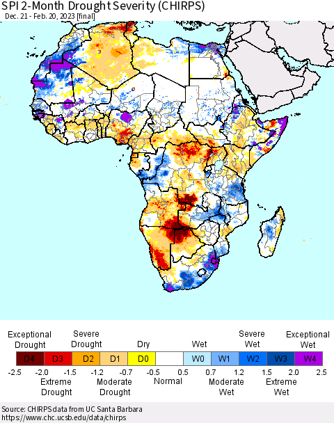Africa SPI 2-Month Drought Severity (CHIRPS) Thematic Map For 12/21/2022 - 2/20/2023