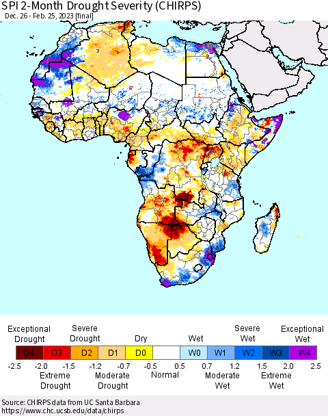 Africa SPI 2-Month Drought Severity (CHIRPS) Thematic Map For 12/26/2022 - 2/25/2023