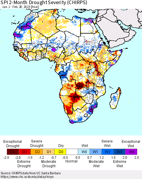 Africa SPI 2-Month Drought Severity (CHIRPS) Thematic Map For 1/1/2023 - 2/28/2023