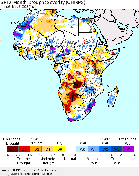Africa SPI 2-Month Drought Severity (CHIRPS) Thematic Map For 1/6/2023 - 3/5/2023