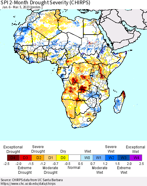 Africa SPI 2-Month Drought Severity (CHIRPS) Thematic Map For 1/6/2023 - 3/5/2023