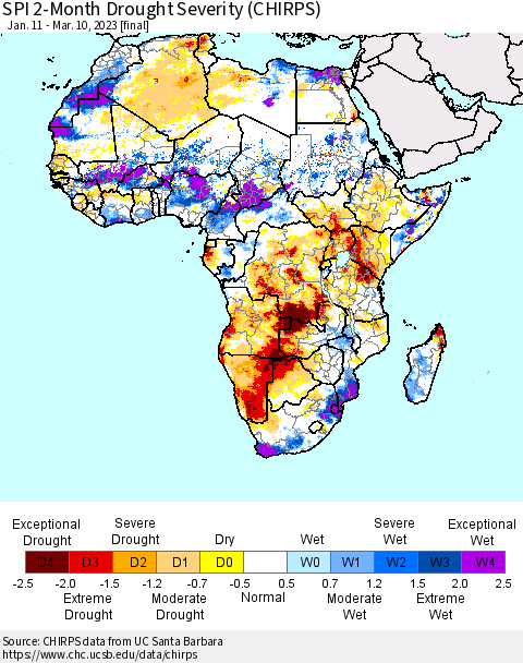 Africa SPI 2-Month Drought Severity (CHIRPS) Thematic Map For 1/11/2023 - 3/10/2023
