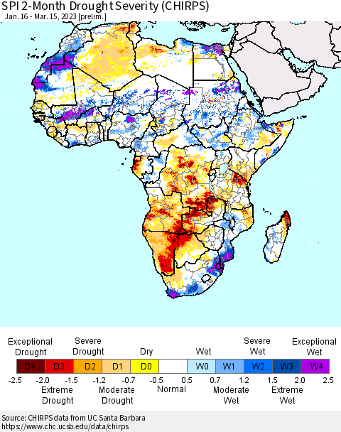 Africa SPI 2-Month Drought Severity (CHIRPS) Thematic Map For 1/16/2023 - 3/15/2023