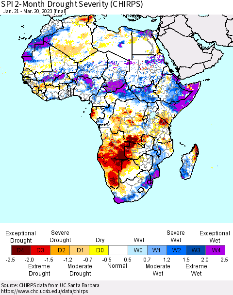 Africa SPI 2-Month Drought Severity (CHIRPS) Thematic Map For 1/21/2023 - 3/20/2023