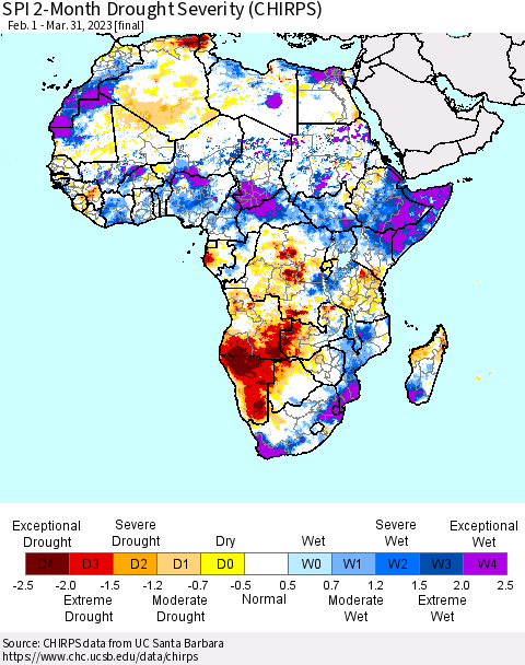 Africa SPI 2-Month Drought Severity (CHIRPS) Thematic Map For 2/1/2023 - 3/31/2023