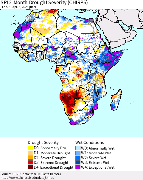 Africa SPI 2-Month Drought Severity (CHIRPS) Thematic Map For 2/6/2023 - 4/5/2023