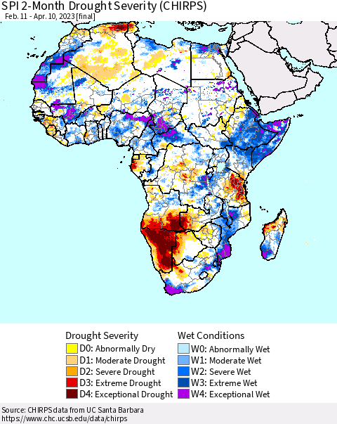 Africa SPI 2-Month Drought Severity (CHIRPS) Thematic Map For 2/11/2023 - 4/10/2023