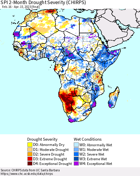Africa SPI 2-Month Drought Severity (CHIRPS) Thematic Map For 2/16/2023 - 4/15/2023