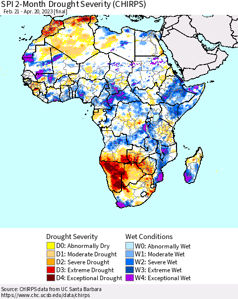 Africa SPI 2-Month Drought Severity (CHIRPS) Thematic Map For 2/21/2023 - 4/20/2023