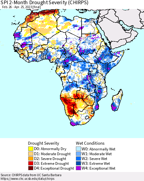 Africa SPI 2-Month Drought Severity (CHIRPS) Thematic Map For 2/26/2023 - 4/25/2023