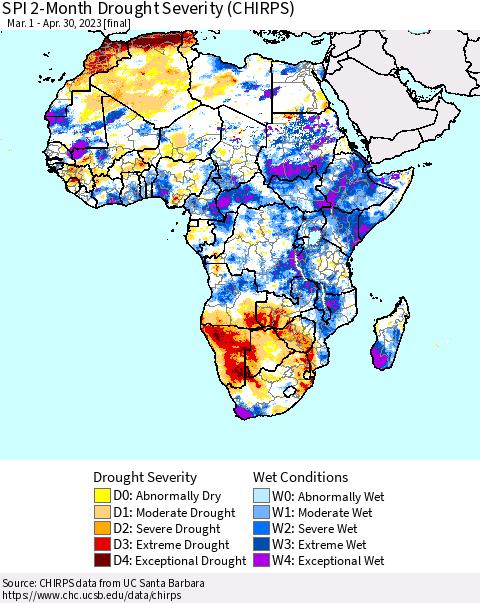 Africa SPI 2-Month Drought Severity (CHIRPS) Thematic Map For 3/1/2023 - 4/30/2023