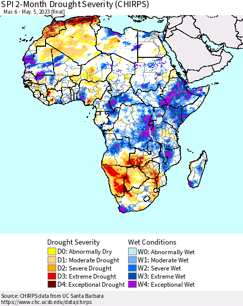 Africa SPI 2-Month Drought Severity (CHIRPS) Thematic Map For 3/6/2023 - 5/5/2023