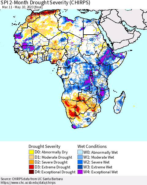 Africa SPI 2-Month Drought Severity (CHIRPS) Thematic Map For 3/11/2023 - 5/10/2023