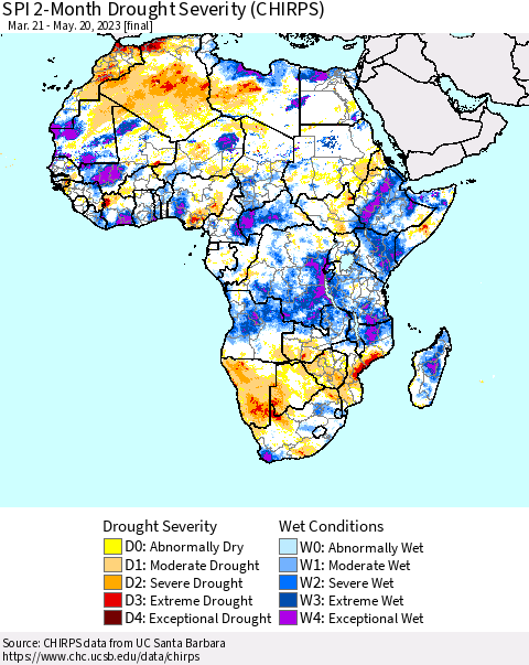 Africa SPI 2-Month Drought Severity (CHIRPS) Thematic Map For 3/21/2023 - 5/20/2023
