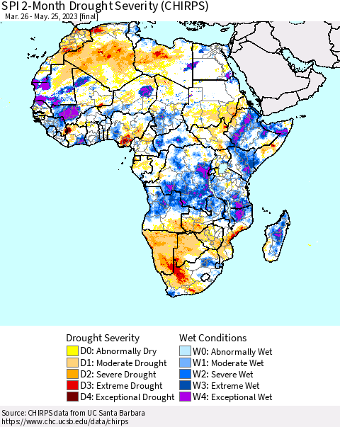 Africa SPI 2-Month Drought Severity (CHIRPS) Thematic Map For 3/26/2023 - 5/25/2023