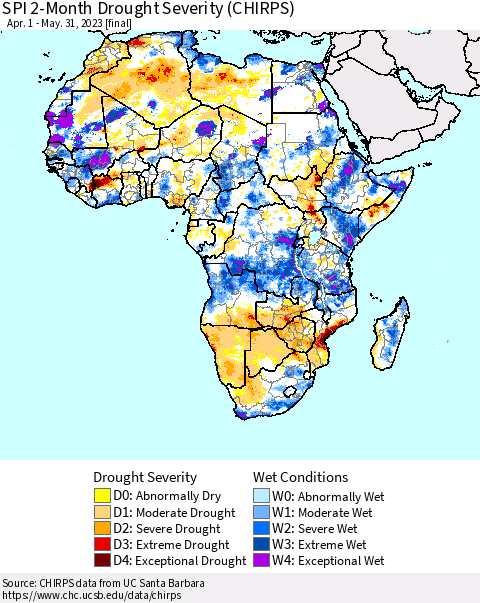 Africa SPI 2-Month Drought Severity (CHIRPS) Thematic Map For 4/1/2023 - 5/31/2023