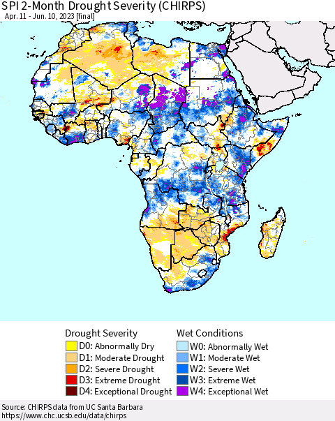 Africa SPI 2-Month Drought Severity (CHIRPS) Thematic Map For 4/11/2023 - 6/10/2023