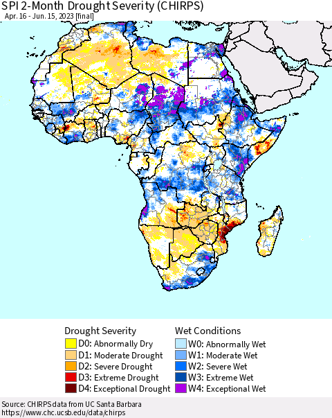 Africa SPI 2-Month Drought Severity (CHIRPS) Thematic Map For 4/16/2023 - 6/15/2023