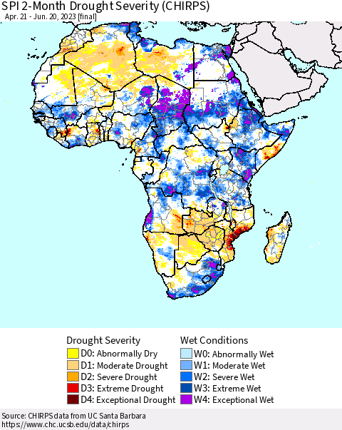 Africa SPI 2-Month Drought Severity (CHIRPS) Thematic Map For 4/21/2023 - 6/20/2023