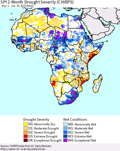 Africa SPI 2-Month Drought Severity (CHIRPS) Thematic Map For 5/1/2023 - 6/30/2023
