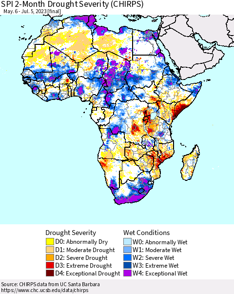 Africa SPI 2-Month Drought Severity (CHIRPS) Thematic Map For 5/6/2023 - 7/5/2023