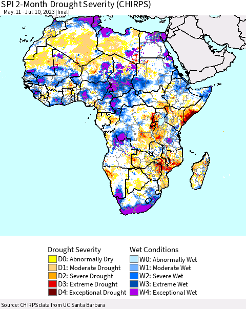 Africa SPI 2-Month Drought Severity (CHIRPS) Thematic Map For 5/11/2023 - 7/10/2023