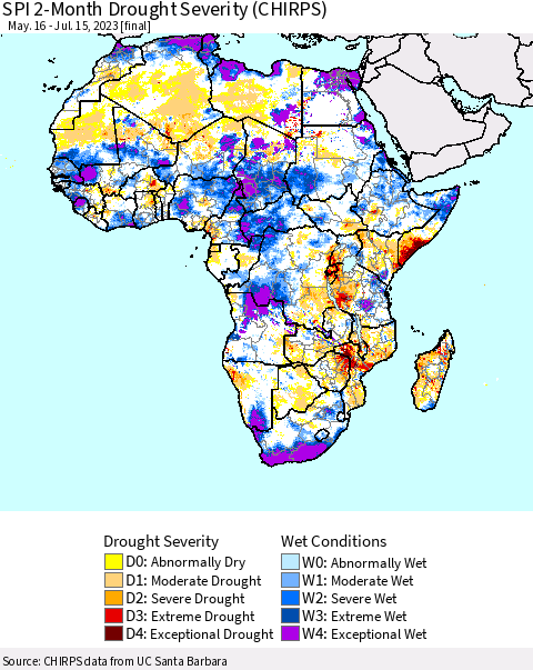 Africa SPI 2-Month Drought Severity (CHIRPS) Thematic Map For 5/16/2023 - 7/15/2023