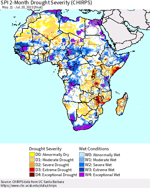 Africa SPI 2-Month Drought Severity (CHIRPS) Thematic Map For 5/21/2023 - 7/20/2023