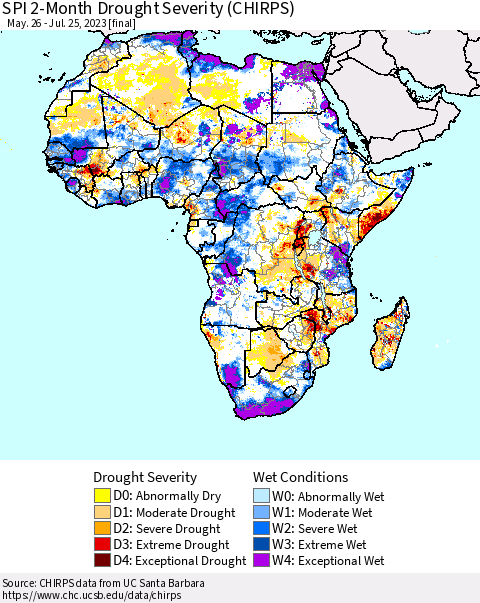Africa SPI 2-Month Drought Severity (CHIRPS) Thematic Map For 5/26/2023 - 7/25/2023