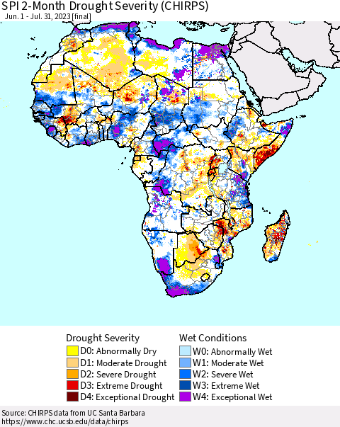 Africa SPI 2-Month Drought Severity (CHIRPS) Thematic Map For 6/1/2023 - 7/31/2023