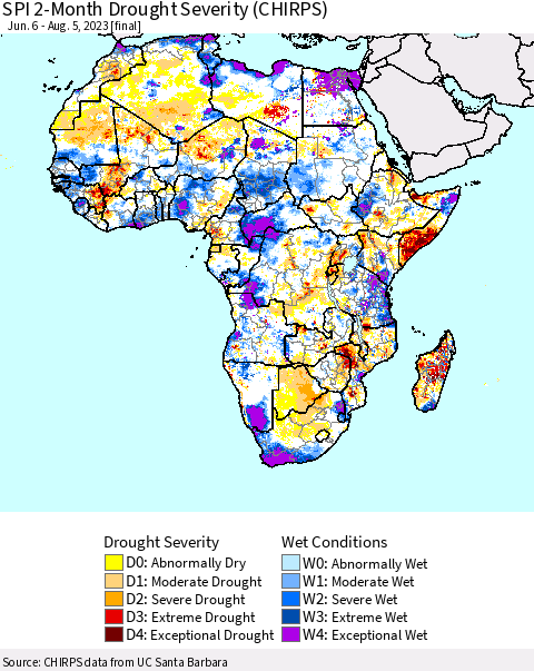 Africa SPI 2-Month Drought Severity (CHIRPS) Thematic Map For 6/6/2023 - 8/5/2023