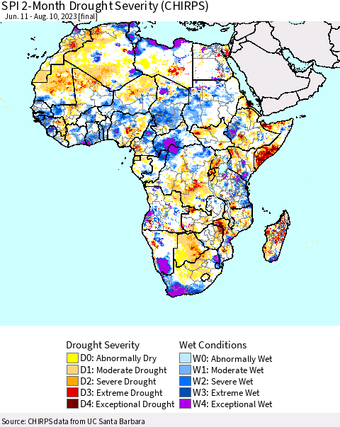 Africa SPI 2-Month Drought Severity (CHIRPS) Thematic Map For 6/11/2023 - 8/10/2023