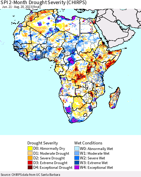 Africa SPI 2-Month Drought Severity (CHIRPS) Thematic Map For 6/21/2023 - 8/20/2023