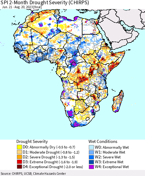 Africa SPI 2-Month Drought Severity (CHIRPS) Thematic Map For 6/21/2023 - 8/20/2023