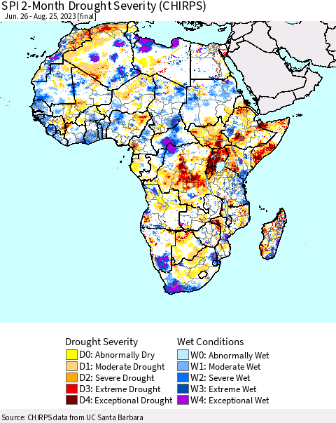 Africa SPI 2-Month Drought Severity (CHIRPS) Thematic Map For 6/26/2023 - 8/25/2023