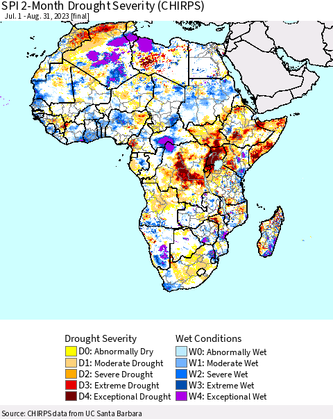 Africa SPI 2-Month Drought Severity (CHIRPS) Thematic Map For 7/1/2023 - 8/31/2023