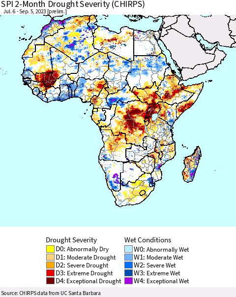Africa SPI 2-Month Drought Severity (CHIRPS) Thematic Map For 7/6/2023 - 9/5/2023