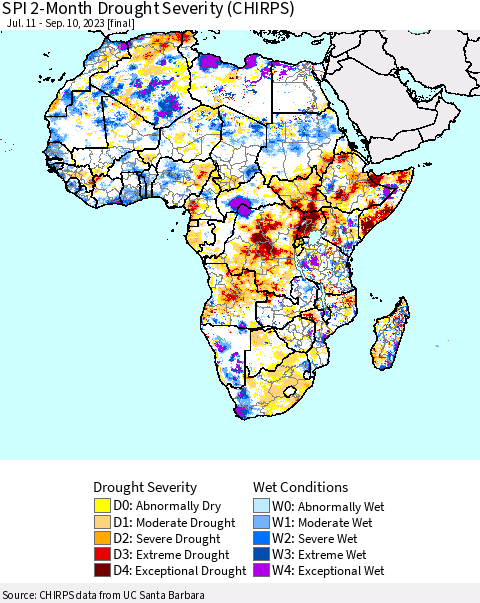 Africa SPI 2-Month Drought Severity (CHIRPS) Thematic Map For 7/11/2023 - 9/10/2023