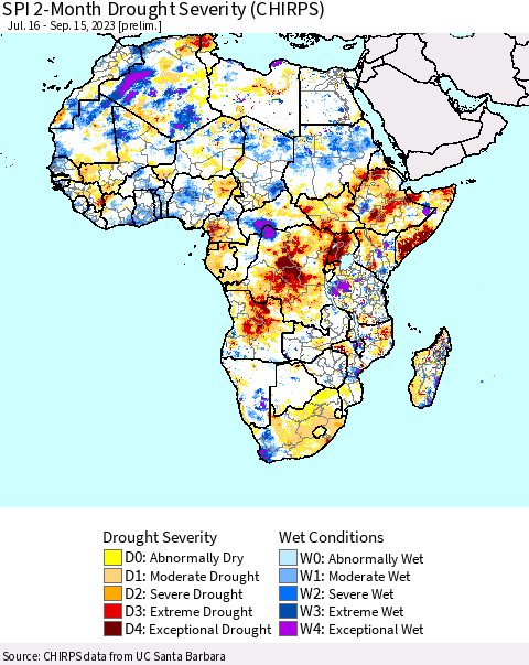 Africa SPI 2-Month Drought Severity (CHIRPS) Thematic Map For 7/16/2023 - 9/15/2023