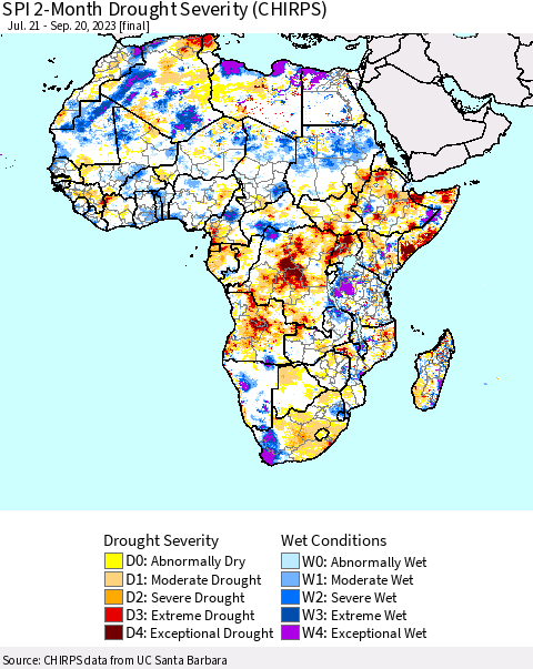 Africa SPI 2-Month Drought Severity (CHIRPS) Thematic Map For 7/21/2023 - 9/20/2023