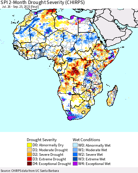 Africa SPI 2-Month Drought Severity (CHIRPS) Thematic Map For 7/26/2023 - 9/25/2023